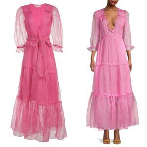 LoveShackFancy Stormi Maxi Dress Sz M Pink Silk Chiffon Wrap Style Tiered Skirt